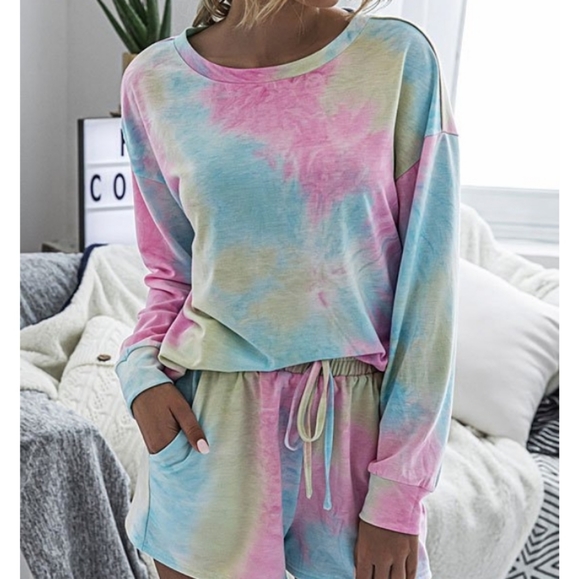Pink & Blue Tie Dye Lounge Top and Short Set - Picture 2 of 5